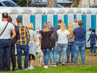 Group,of,people,standing,near,portable,toilets,in,a,park